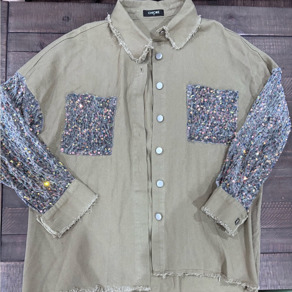 Chic Army Green Jacket with Sequin Sleeves